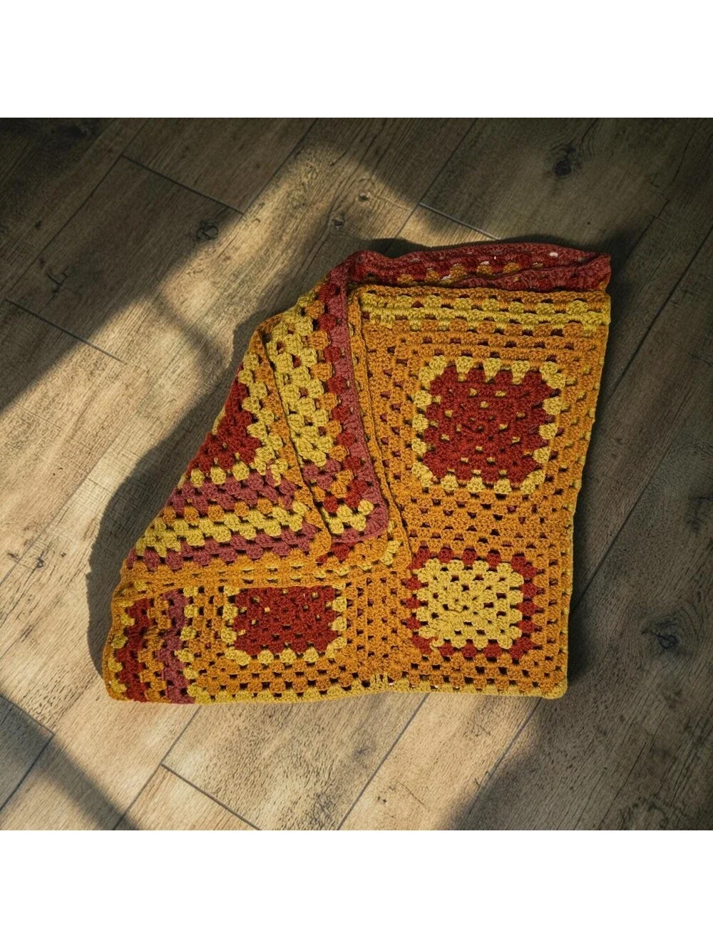 Vtg Handmade Crochet Granny Square Afghan Blanket Mustard Orange Burgundy  Read
